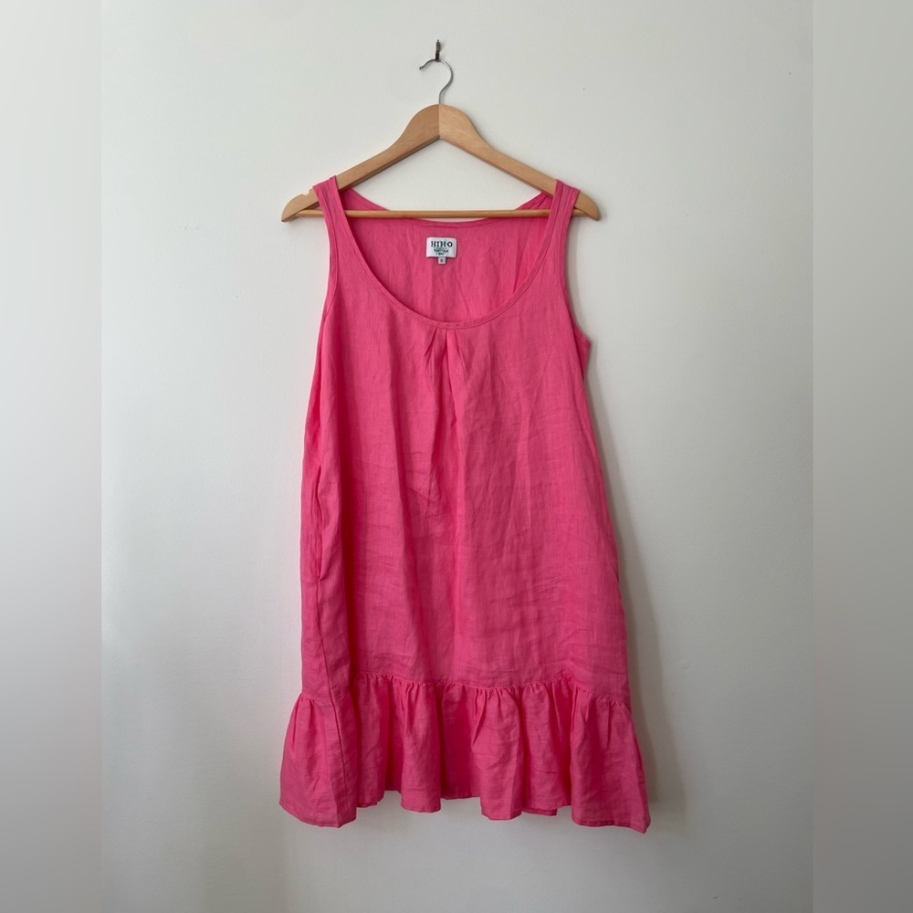 HIHO Pink Linen Dress with Pockets and Ruffle Tiered Hem Size S
